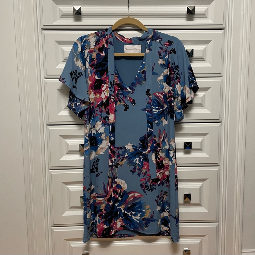 Charles Henry Tie Neck Shift Dress